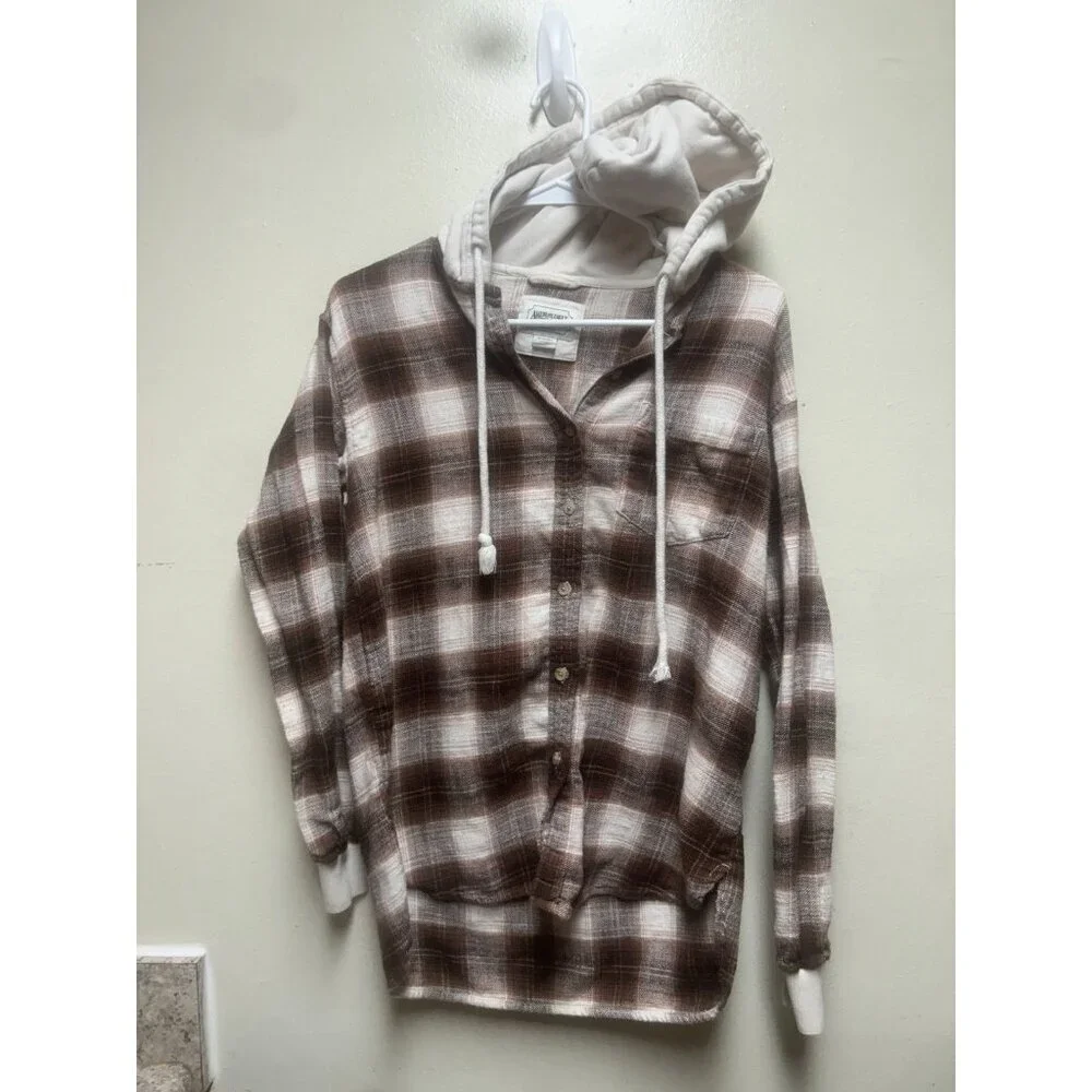American Eagle Brown Plaid Hooded Flannel shacket Button Down oversize XS - Picture 2 of 7